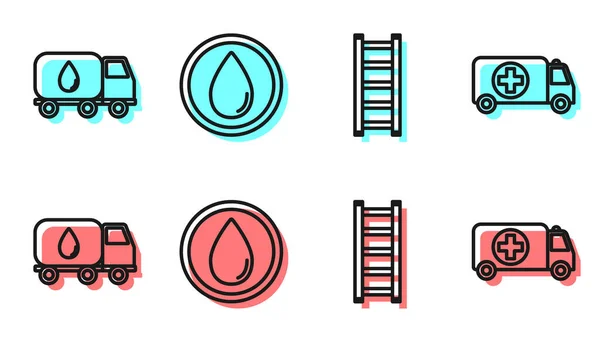 Set line Fire escape, Water delivery truck, Water drop and Ambulance and emergency car icon. Vector.