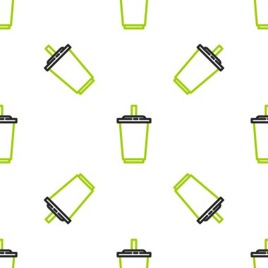 Saman ve su ikonu içen çizgi kağıt bardak beyaz arka planda izole edilmiş pürüzsüz desen. Soda bardağı. Taze soğuk içecek sembolü. Vektör İllüstrasyonu.