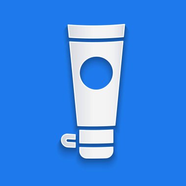 Kağıt kesiği krem ya da losyon kozmetik tüp ikonu mavi arka planda izole edilmiş. Erkekler için vücut bakım ürünleri. Kağıt sanatı tarzı. Vektör İllüstrasyonu.