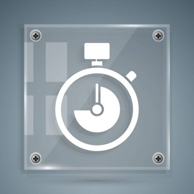 Gri arkaplanda beyaz kronometre simgesi izole edildi. Zaman göstergesi. Kronometre işareti. Kare cam paneller. Vektör İllüstrasyonu.