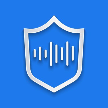 Kağıt kesiği Shield ses tanıma simgesi mavi arkaplanda izole edildi. Kimlik tanıma için ses biyometrik kimlik doğrulaması. Kağıt sanatı tarzı. Vektör.