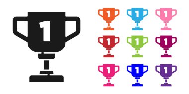 Beyaz arka planda siyah ödül kupa simgesi izole. Galibiyet ödülü sembolü. Şampiyonluk ya da yarışma kupası. Spor başarısı işareti. Simgeleri renklendirin. Vektör.