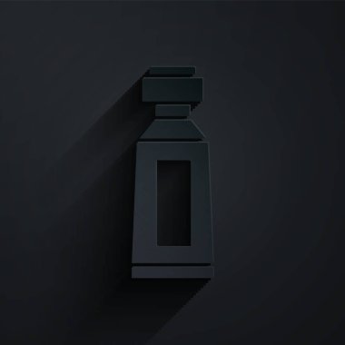 Siyah arkaplanda izole edilmiş kağıt kesiği diş macunu ikonu tüpü. Kağıt sanatı tarzı. Vektör.