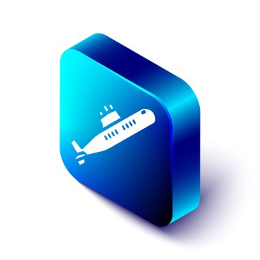 Beyaz arka planda izole edilmiş Isometric Denizaltı simgesi. Askeri gemi. Mavi kare düğme. Vektör.