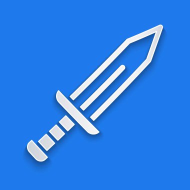 Kağıt kesiği Kılıç simgesi mavi arkaplanda izole edildi. Ortaçağ silahı. Kağıt sanatı tarzı. Vektör.