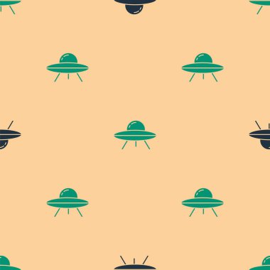 Yeşil ve siyah UFO uçan uzay gemisi simgesi bej arkaplanda izole edilmiş kusursuz desen. Uçan daire. Uzaylı uzay gemisi. Gelecekteki bilinmeyen uçan nesne. Vektör.