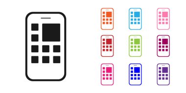 Siyah Mobil Uygulamalar simgesi beyaz arkaplanda izole edildi. Ekran simgeli akıllı telefon, uygulamalar. Cep telefonu ekranı görünüyor. Simgeleri renklendirin. Vektör.