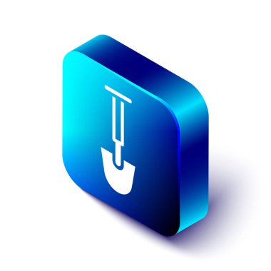 Beyaz arkaplanda izole edilmiş Isometric Kürek simgesi. Bahçe aletleri. Bahçecilik, tarım, çiftçilik aleti. Mavi kare düğme. Vektör.