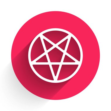 Uzun gölgeli bir daire simgesinde beyaz pentagram. Sihirli okült yıldız sembolü. Kırmızı daire düğmesi. Vektör.