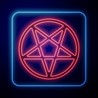 Mavi arkaplanda izole edilmiş bir daire simgesinde parlayan neon pentagram. Sihirli okült yıldız sembolü. Vektör.