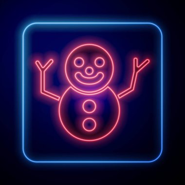 Parlayan neon ışıklı Noel kardan adam ikonu mavi arka planda izole edildi. Mutlu Noeller ve mutlu yıllar. Vektör.
