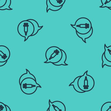 Uyuşturucu ikonuna siyah çizgi bağımlılığı yeşil arka planda kusursuz desen izole etti. Eroin, uyuşturucu, bağımlılık, yasadışı. Elinde şırınga ve ilaç olan hasta bir keş. Vektör.