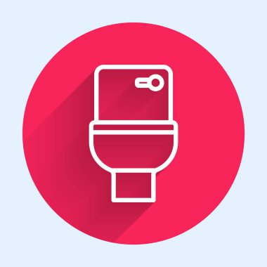 Uzun gölgeli beyaz çizgi tuvalet klozeti ikonu. Kırmızı daire düğmesi. Vektör.