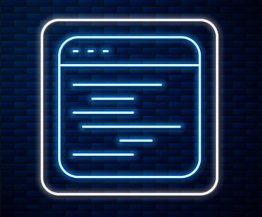 Parlayan neon hattı Yazılım, ağ geliştirici programlama kod simgesi tuğla duvar arka planında izole edildi. Program kodunun rastgele bilgisayar betiği parçalarını Javascript et. Vektör