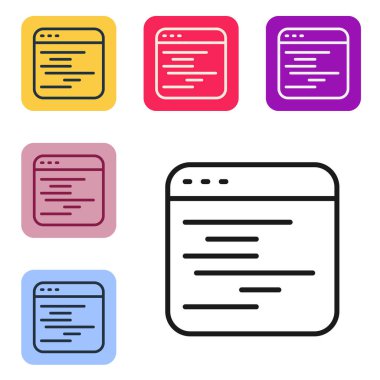 Siyah çizgi Yazılım, web geliştirici programlama kodu simgesi beyaz arkaplanda izole edildi. Program kodunun rastgele bilgisayar betiği parçalarını Javascript et. Renkli kare düğmelerle simgeleri ayarla. Vektör
