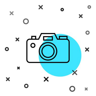 Siyah çizgi fotoğraf makinesi simgesi beyaz arkaplanda izole edildi. Fotoğraf makinesi simgesi. Rastgele dinamik şekiller. Vektör.