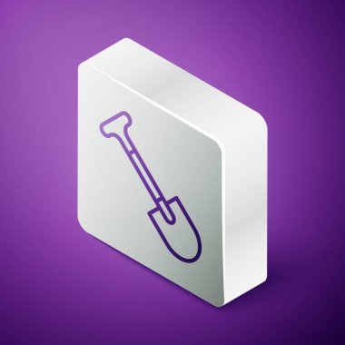 Kürek simgesi mor arkaplanda izole edilmiş. Bahçe aletleri. Bahçecilik, tarım, çiftçilik aleti. Gümüş kare düğme. Vektör.