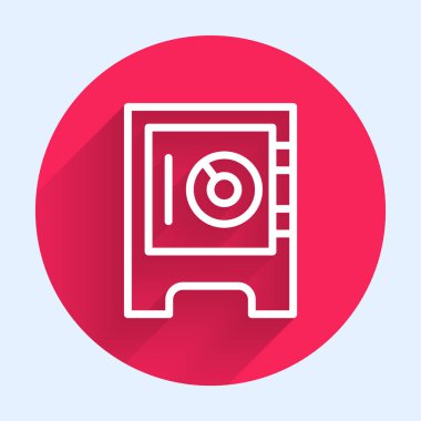 Beyaz çizgi güvenli simgesi uzun gölgeli. Kapı, şifreli bir banka kasası. Güvenilir Veri Koruma. Kırmızı daire düğmesi. Vektör.