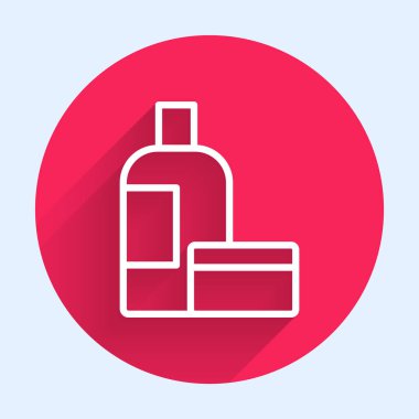 Beyaz çizgi krem ya da uzun gölgeli losyon kozmetik tüp ikonu. Kadınlar için vücut bakım ürünleri. Kırmızı daire düğmesi. Vektör.