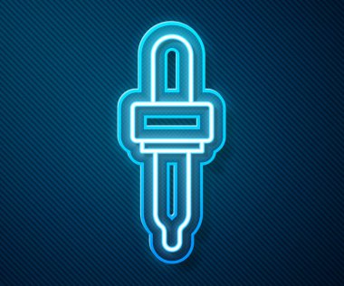 Parlayan neon hattı Pipette simgesi mavi arkaplanda izole edildi. Tıbbi, kozmetik, kimya laboratuvarı ekipmanları. Vektör.