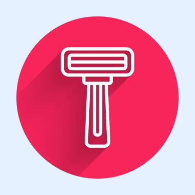 Tıraş makinesi simgesi uzun gölgeli beyaz çizgi. Kırmızı daire düğmesi. Vektör.