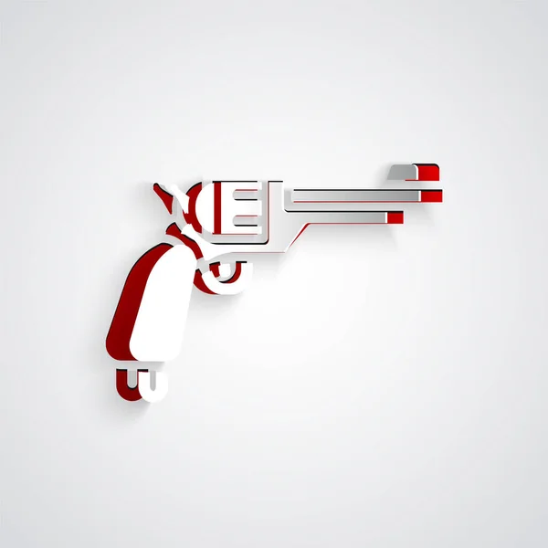 Иконка Пистолета Revolver Вырезана Сером Фоне Бумажный Стиль Вектор — стоковый вектор