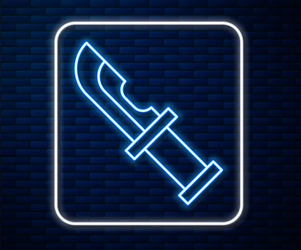 Светящаяся Неоновая Линия Значок Охотничьего Ножа Изолирован Фоне Кирпичной Стены — стоковый вектор