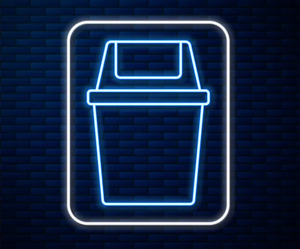 Glowing Neon Line Trash Can Icon Isolated Brick Wall Background — Stock Vector