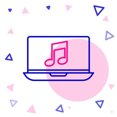 Ekran simgesinde nota sembolü olan çizgi dizüstü bilgisayarı beyaz arkaplanda izole edildi. Renkli taslak konsepti. Vektör İllüstrasyonu.