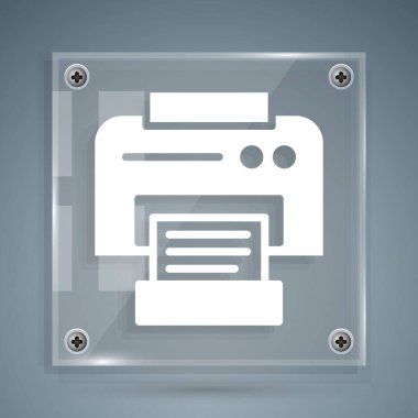 Gri arkaplanda beyaz yazıcı simgesi izole edildi. Kare cam paneller. Vektör İllüstrasyonu.
