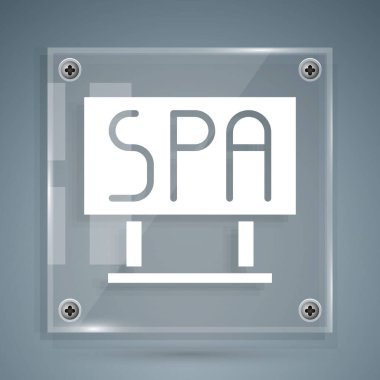 Beyaz Spa salonu tabela simgesi gri arka planda izole edildi. Kare cam paneller. Vektör İllüstrasyonu.