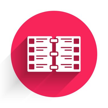 Beyaz Restoran Kafe menüsü simgesi uzun gölgeli izole edilmiş. Kırmızı daire düğmesi. Vektör İllüstrasyonu.