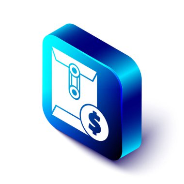 Beyaz zemin üzerinde madeni para sembolü olan Isometric Zarf. Maaş zammı, maaş bordrosu, tazminat geliri. Mavi kare düğme. Vektör İllüstrasyonu.