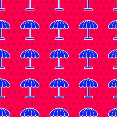 Plaj ikonu için mavi güneş koruyucu şemsiye kırmızı zeminde izole edilmiş pürüzsüz desen. Açık alan için büyük bir şemsiye. Plaj şemsiyesi Vektör İllüstrasyonu.