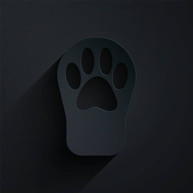 Kağıt kesiği Paw yazdırma simgesi siyah arkaplanda izole edildi. Köpek ya da kedi pençesi izi. Hayvan izleri. Kağıt sanatı tarzı. Vektör.