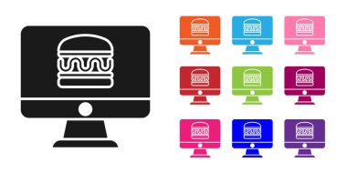 Siyah Çevrimiçi sipariş ve fast food dağıtım ikonu beyaz arka planda izole edildi. Simgeleri renklendirin. Vektör.