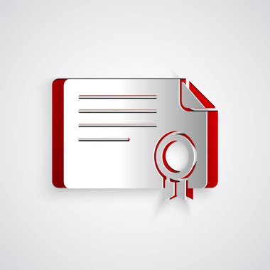 Kağıt kesiği Sertifika şablon simgesi gri arkaplanda izole edildi. Başarı, ödül, diploma, burs, diploma kavramları. Kağıt sanatı tarzı. Vektör.