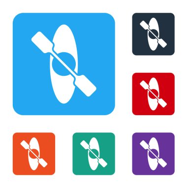 Beyaz arka planda beyaz kano ve kürek ikonu izole edildi. Balıkçılık ve turizm için kano. Açık hava aktiviteleri. Renkli kare düğmelerle simgeleri ayarla. Vektör.