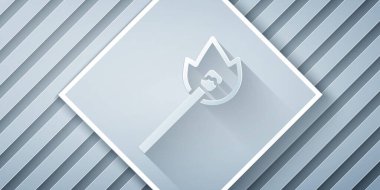 Kağıt kesiği kibrit, gri arkaplanda ateş ikonu var. Ateşle maç. Kibrit işareti. Kağıt sanatı tarzı. Vektör.