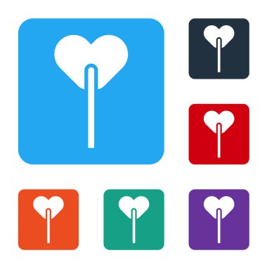 Beyaz arkaplanda izole edilmiş beyaz lolipop ikonu. Yemek, lezzetli bir sembol. Renkli kare düğmelerle simgeleri ayarla. Vektör.