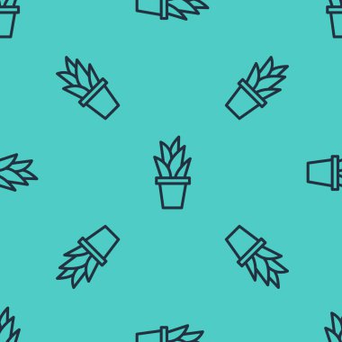 Esrar ikonunda siyah çizgi bitkisi yeşil arka planda izole edilmiş pürüzsüz desen. Tencerede yetişen bir bitki. Saksı bitkisi işareti. Vektör İllüstrasyonu.