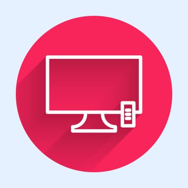 Beyaz çizgi Akıllı TV simgesi uzun gölgeli izole edildi. Televizyon tabelası. Kırmızı daire düğmesi. Vektör İllüstrasyonu.