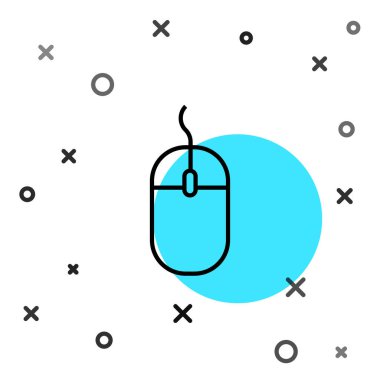 Siyah çizgi bilgisayar fare simgesi beyaz arkaplanda izole edildi. Tekerlek sembollü optik. Rastgele dinamik şekiller. Vektör İllüstrasyonu.