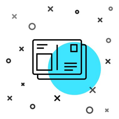 Vize damgalı siyah pasaport beyaz arka planda izole edilmiş. Kimlik Belgesi. Rastgele dinamik şekiller. Vektör İllüstrasyonu.