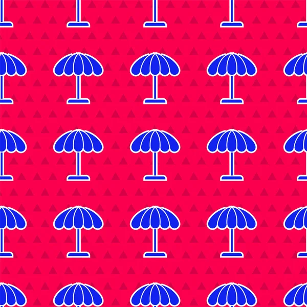 Plaj ikonu için mavi güneş koruyucu şemsiye kırmızı zeminde izole edilmiş pürüzsüz desen. Açık alan için büyük bir şemsiye. Plaj şemsiyesi Vektör İllüstrasyonu.