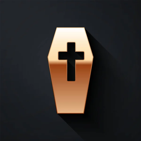 Coffin Oro Con Icono Cruz Cristiana Aislado Sobre Fondo Negro — Vector de stock