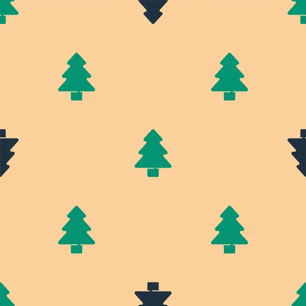 Green Black Tree Icon Isolated Seamless Pattern Beige Background Forest — Stock Vector