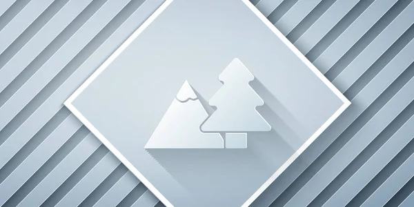 Papiergeschnittene Berge Mit Baumsymbol Auf Grauem Hintergrund Symbol Für Sieg — Stockvektor