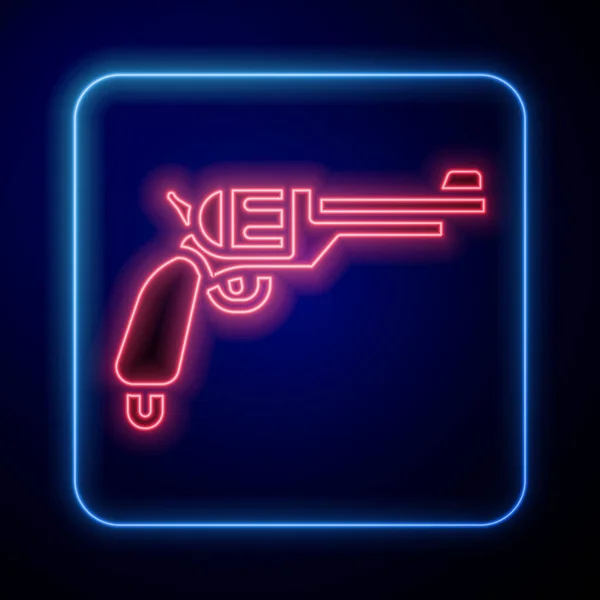 发光的霓虹灯左轮手枪图标孤立在蓝色背景 — 图库矢量图片