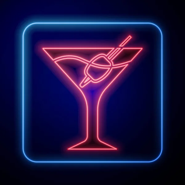 Świecąca Neonowa Szklana Ikona Martini Niebieskim Tle Ikona Koktajlu Ikona — Wektor stockowy